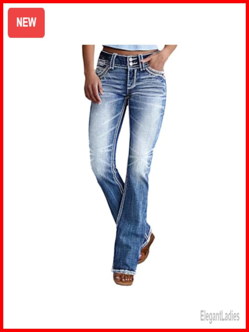 Mid Waisted Bootcut Jeans Stretchy Slim Double Button Flare Pants